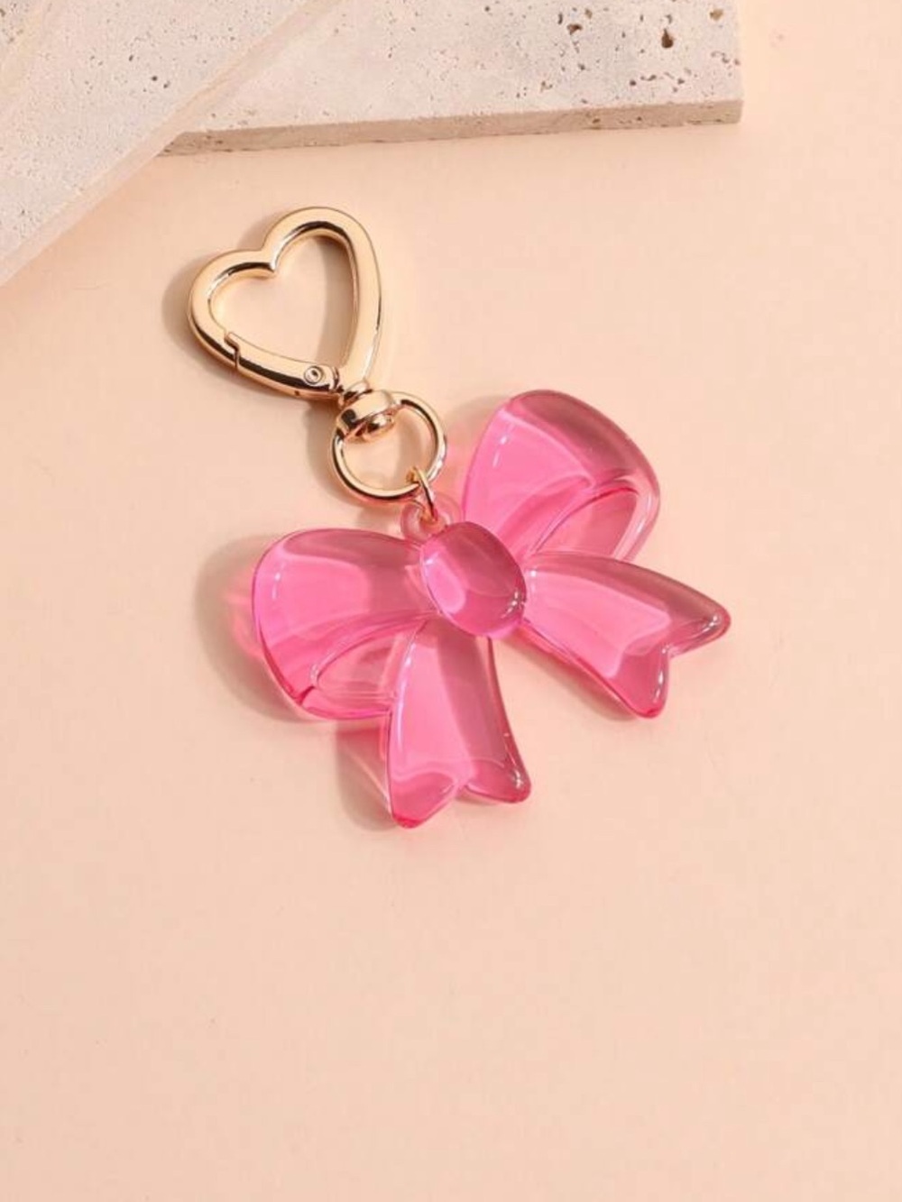 Clear Pink Bow Keychain with Gold Heart Clip
